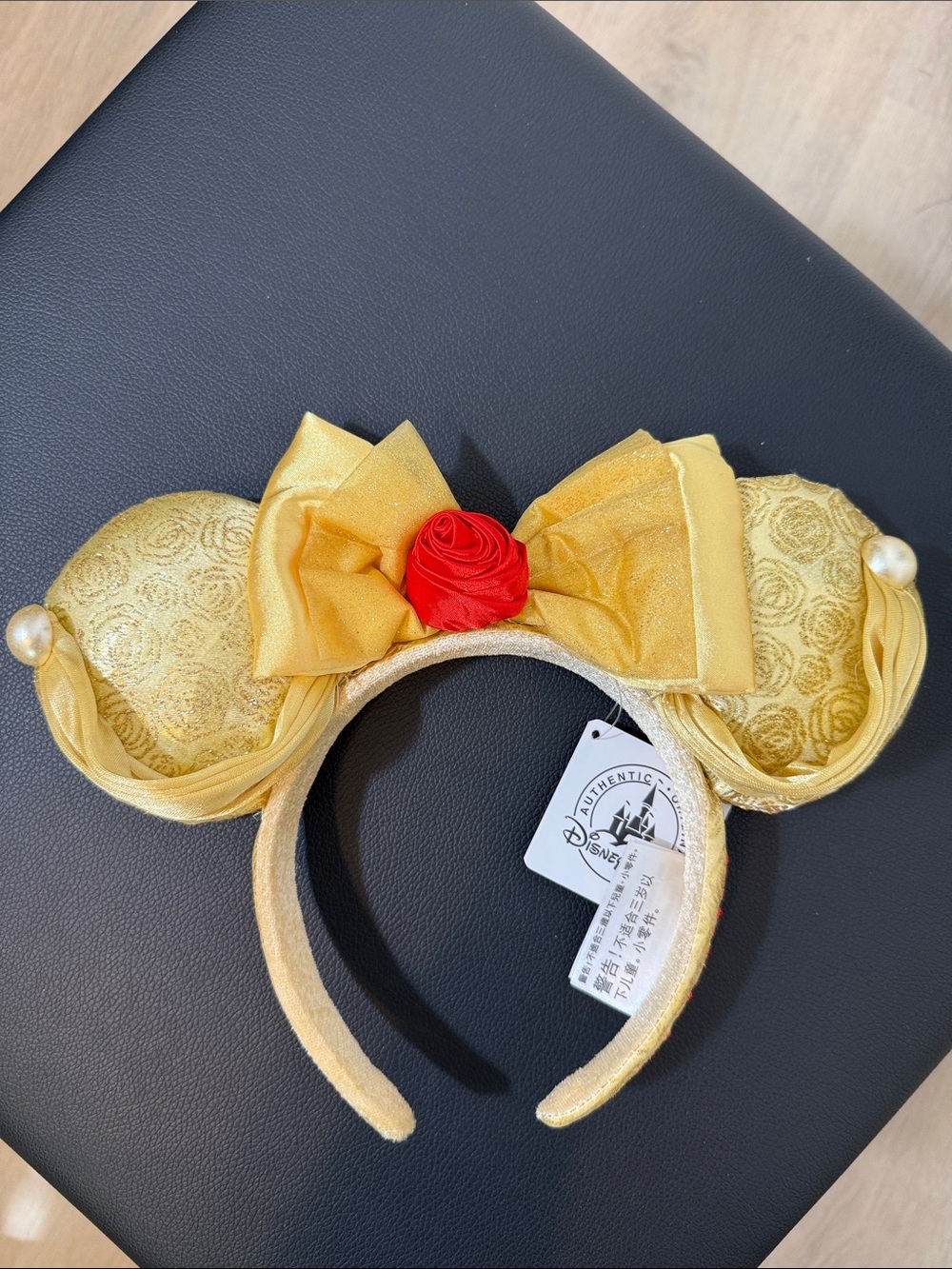 Disney Gold Princess Belle Mouse Ears Headband with Red Rose Accent - Picture 7 of 7